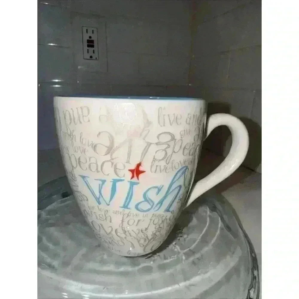 Starbucks Mug Wish Live Love Peace 2005 White Gray Grey Writing Blue Inside